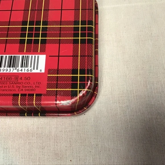 VTG Rare 1976-2003 Sambrio Hello Kitty Scottie Dog Red Plaid Metal Box, w/ Tray.